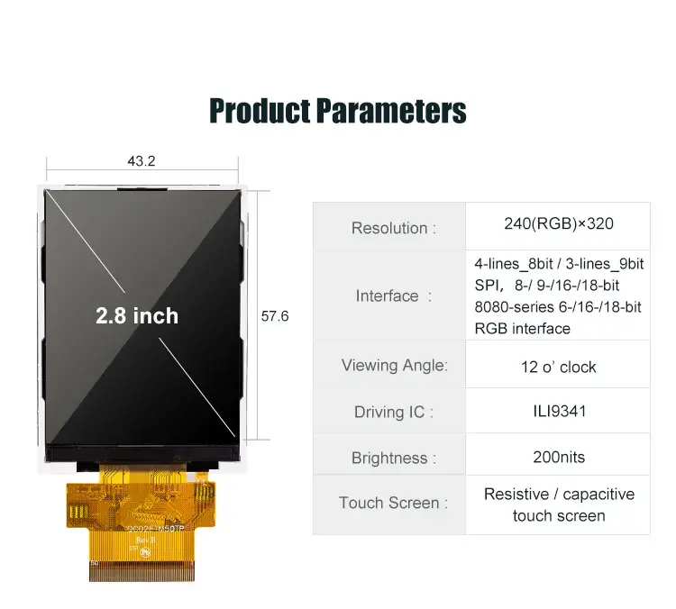 TG028000YX50D -2.8 inch small TFT touch screen display